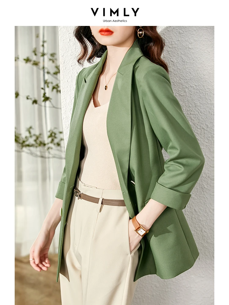 Vimly Double Breasted Blazer for Women 2023 Autumn Notched Lapel Three Quarter Sleeve Straight-cut Office Lady Jackets V1137