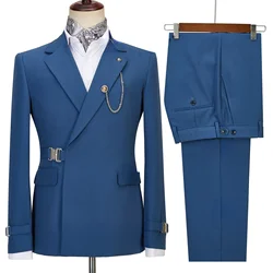 Elegant Luxury Solid Color Business Men's Suit Two Pieces Metal Buckle Male Formal Occasions Blazers and Pants