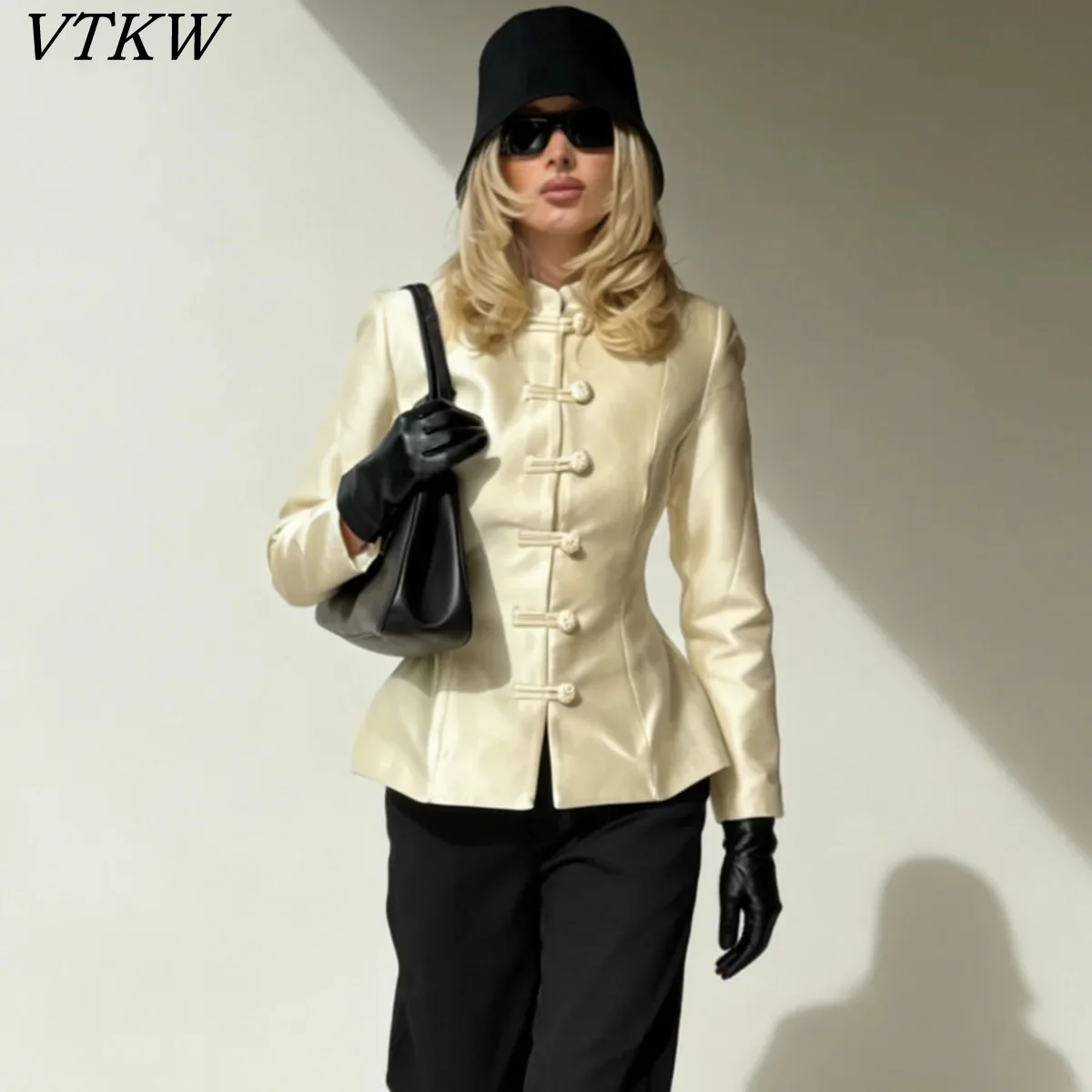 

VTKW 2026 New Women Chinese Style Blazer Mandarin Collar Long Sleeve Frog Buttons Satin Slim Fit Peplum Champagne Elegant Top
