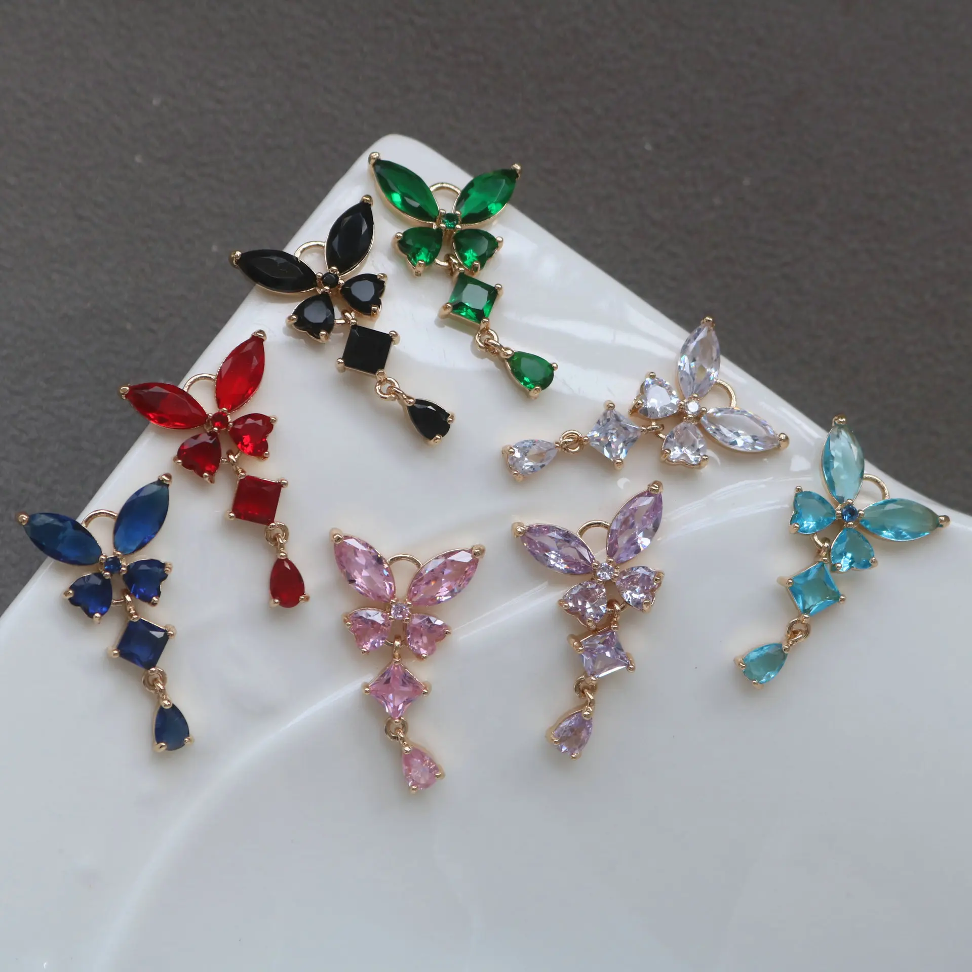 10pcs/ Set Copper inlaid zircon glass butterfly with Water Drop Pendant DIY antique Earrings hairpin Necklace accessories