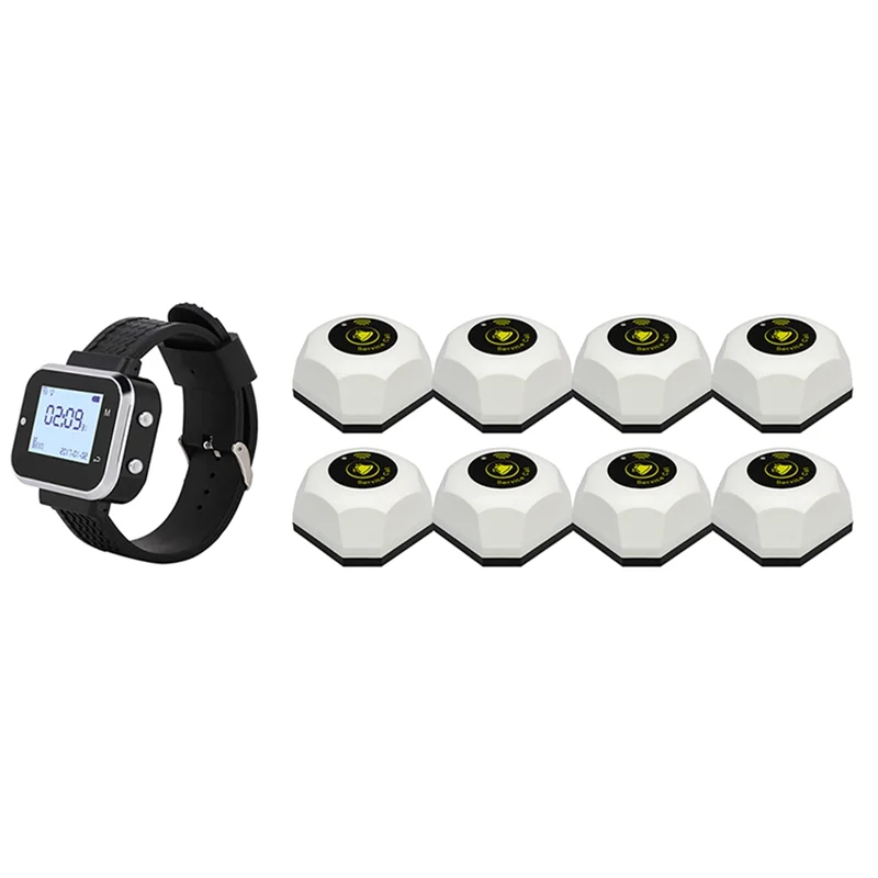 Wireless Restaurant Pager System 8 Call Buttons+ 1 Waiter Wrist Watch Receiver For Bars, Cafes, And Hotels US Plug-ABIU