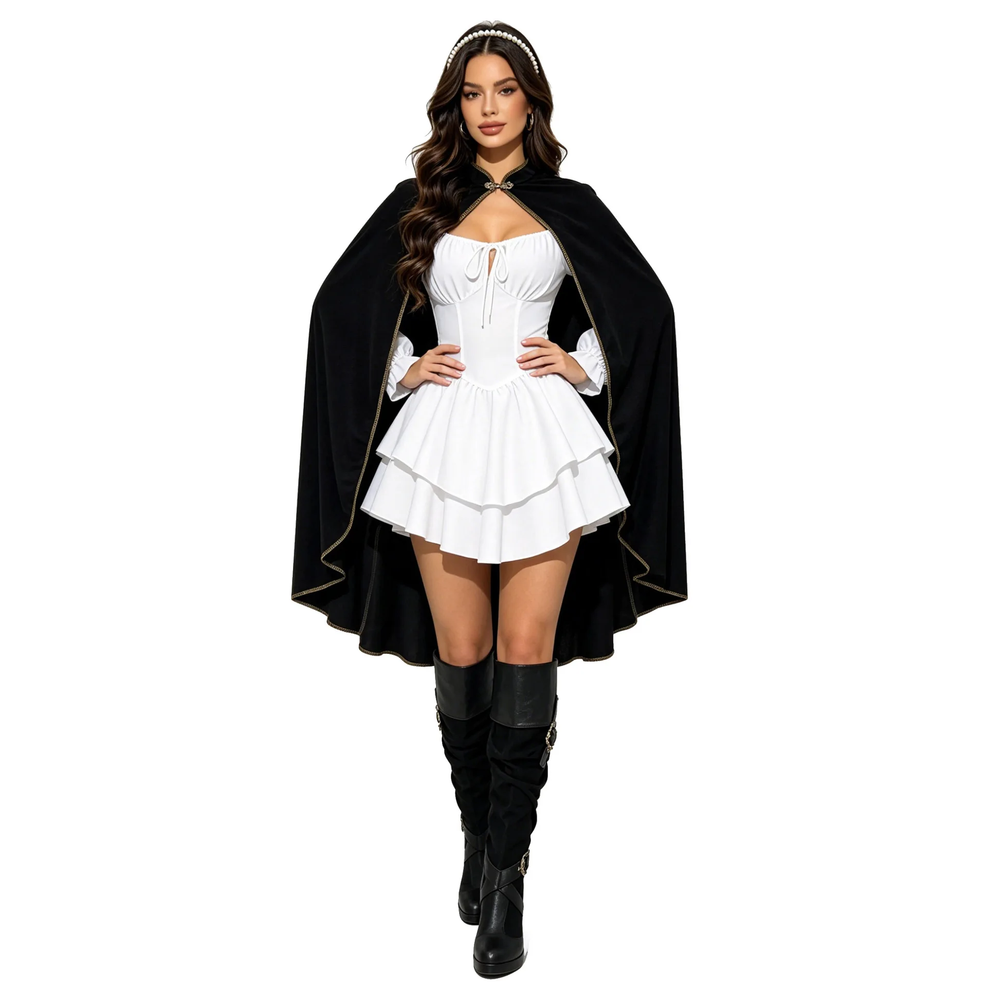 Medieval Velvet Cape Adults Gold Trim Stand Collar Cloak Renaissance Witch Wizard Cosplay Cape Carnival Party Halloween Costume - view 2