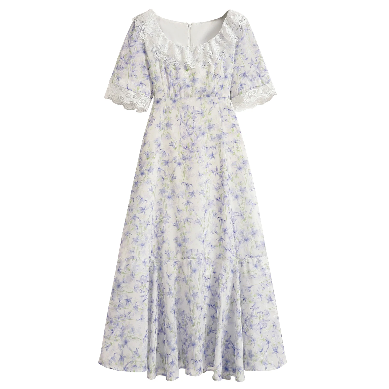 Letnia Elegancka Sukienka Damska Szyfonowa w Kwiaty Temperament Dekolt O-Neck Krótkie Rękawy Wysoki Stan Wyszczuplająca Długa Sukienka Codzienna Słodka Sukienka