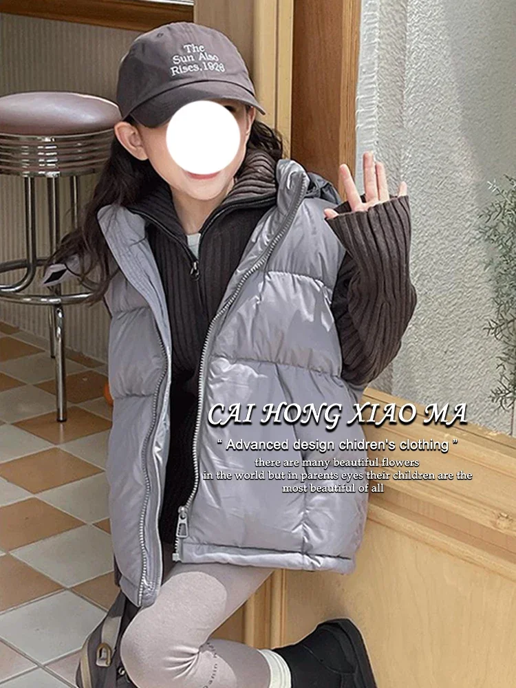 Girls Down Vest Coat New Children Stylish Solid Color Hooded Warm Sleeveless Coat Autumn Winter 2024 Korean Simple Style image 5