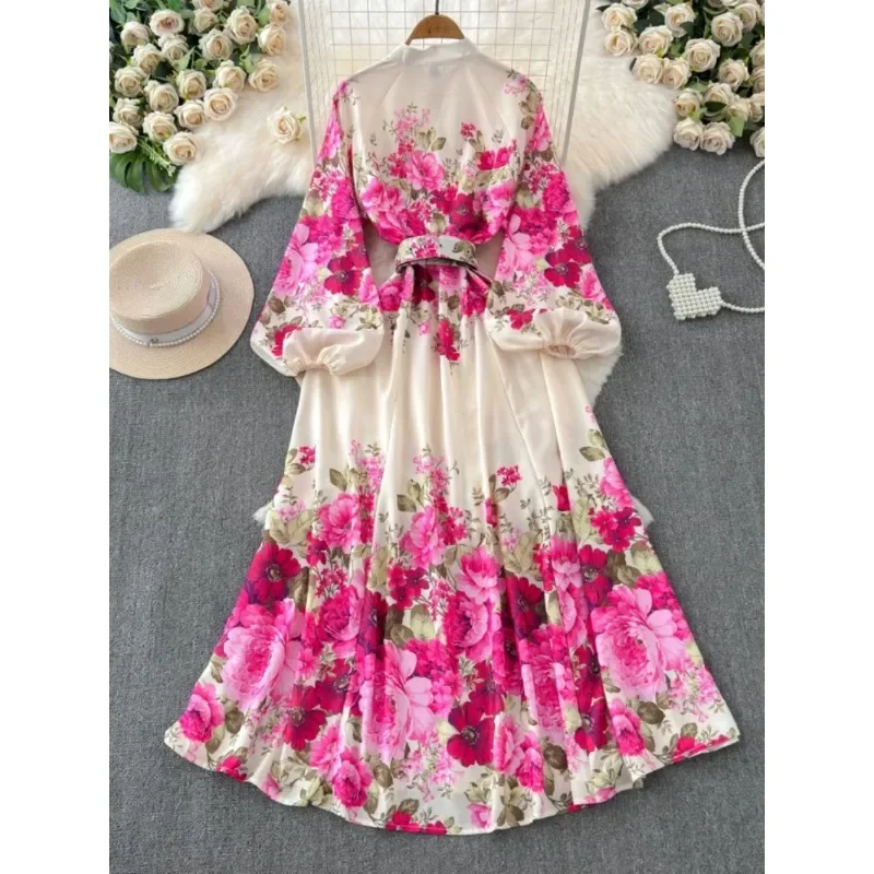 Fashionable New Women Stand Collar Puff Sleeve Dress Print A-line Casual Elegant Commute Vestidos Slim Fit Belt Panelled Robe