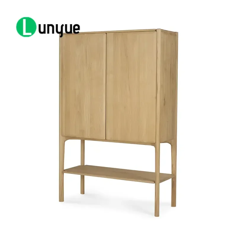 Nordic Minimalist White Oak Double Door High Cabinet Solid Wood Open Storage Unit Modern Furniture for Living Room Bedroom