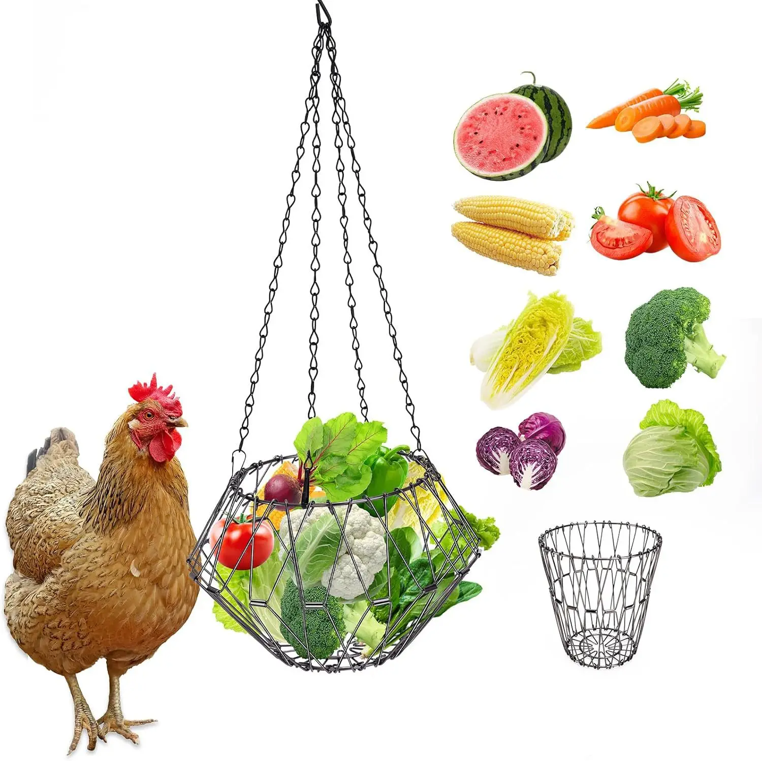 Multi Purpose Metal Wire Basket Foldable Hanging Fruit Vegetable Basket Poultry Feeder 3 Sizes