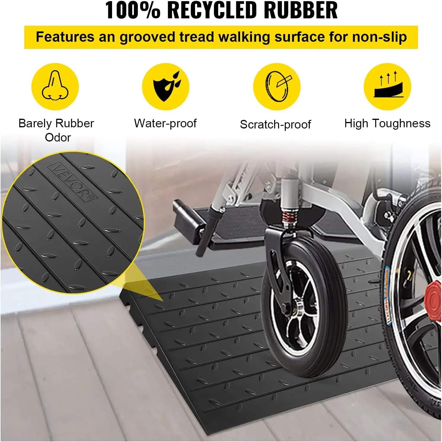 Rubber Threshold Ramp, 4" Rise Threshold Ramp Doorway, 3 Channels Cord Cover Rubber Solid Threshold Ramp