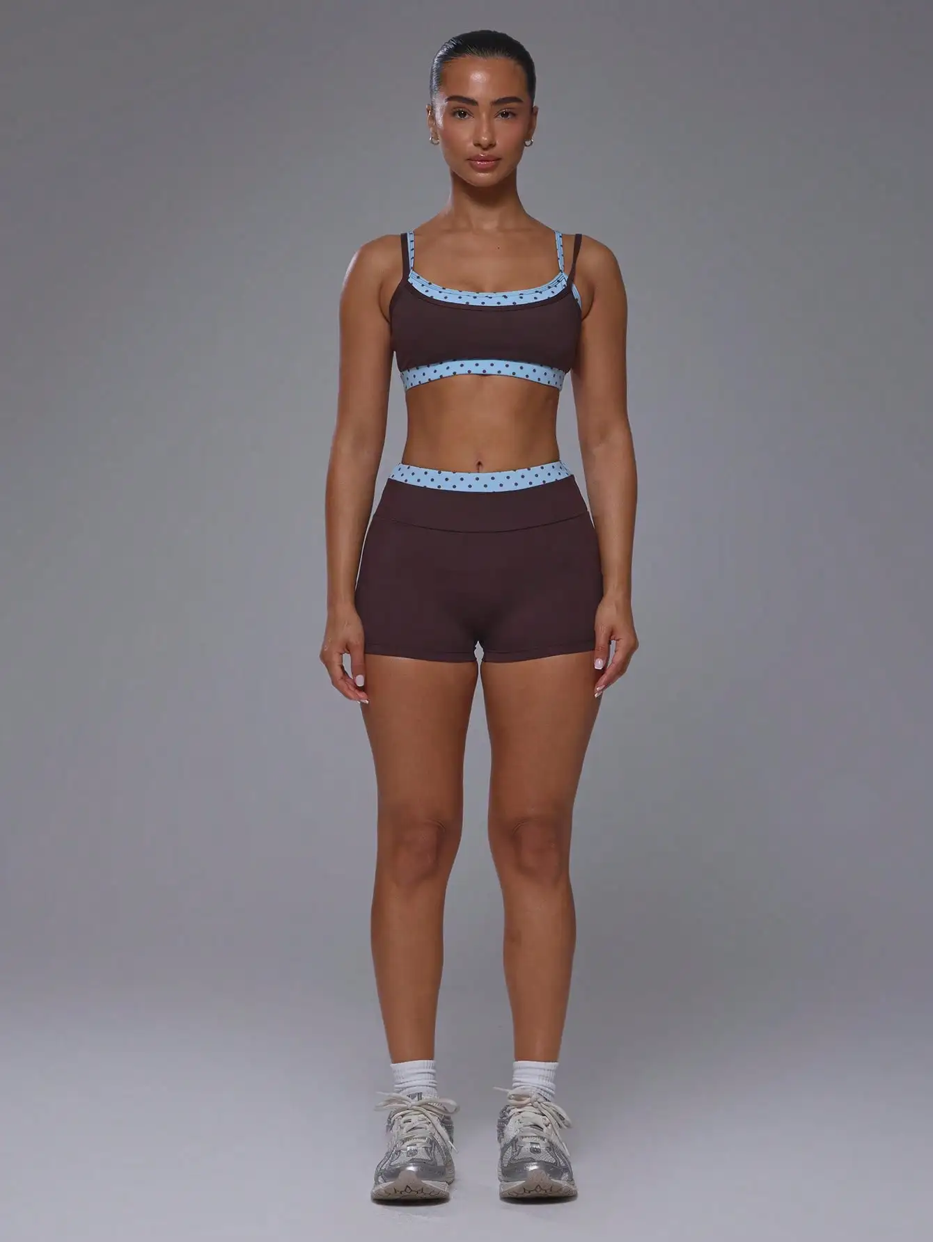 Sport Double Layered Contrast Colour Blue Polka Dot Fitted Active Mini Shorts Only Sport Workout Gym