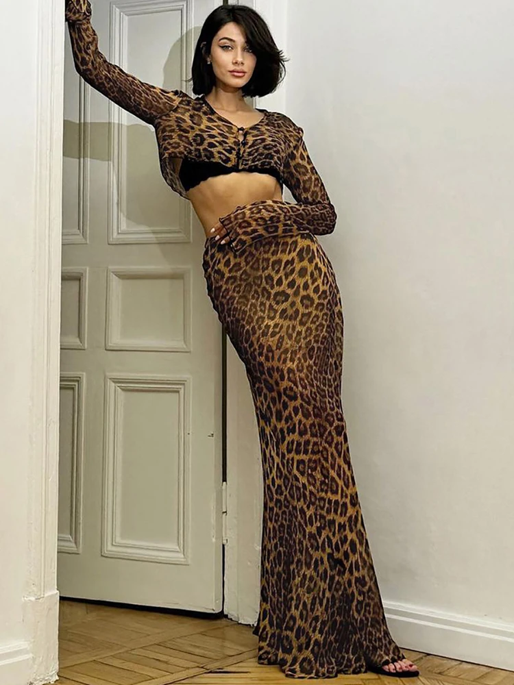 JULISSA MO Sexy See Through Print Leopard Women Skirt Suit Long Sleeve T-shirts Long Skirts Summer Skinny Elegant Two Piece Sets