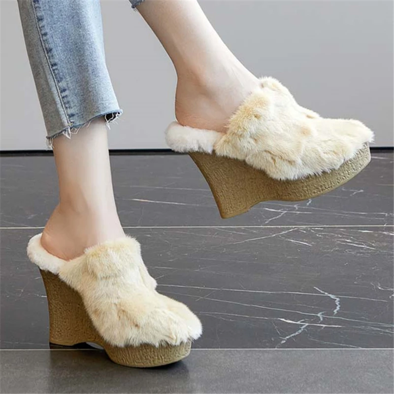 

Real Mink Fur Women Slippers Thick Sole Platform Wedge Shoes Winter Warm 11CM High Heels Outside Plush Mules Dress Wedges