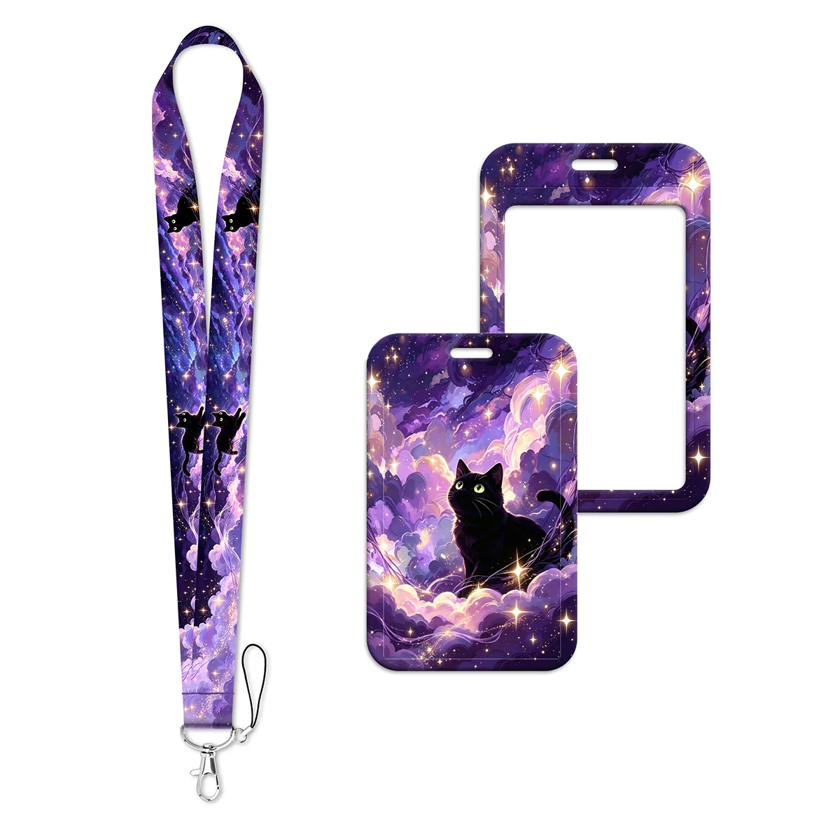 Galaxy Black Cat Lanyard Strap Neck Keychain Starry Sky Card Cover Badge Holder Mobile Phone Hang Rope Keyring Accessories Gift