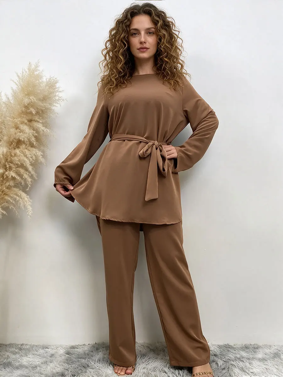 Eid Ramadan Muslim Women Two Piece Outfit Long Sleeve Belted Tunic Top Wide Leg Pants Set Modest Islamic Dubai Ladies Abaya Suit