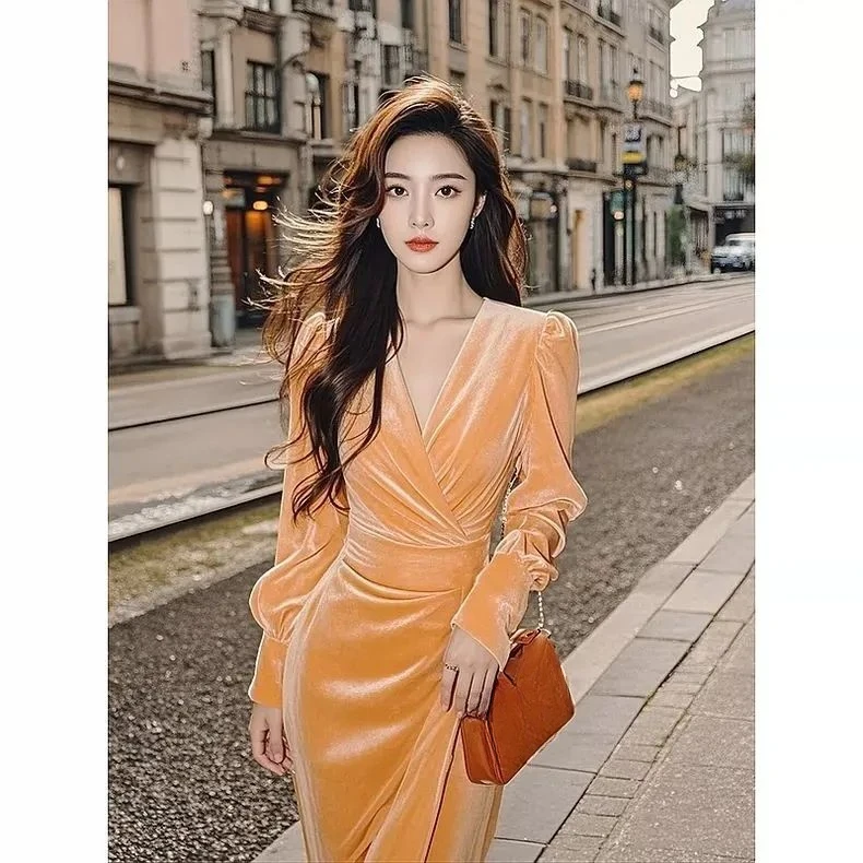 女性用ベルベットドレス,深いVネック,プリーツ,オレンジ,スリム,ロング,ベロア,衣類,春,秋