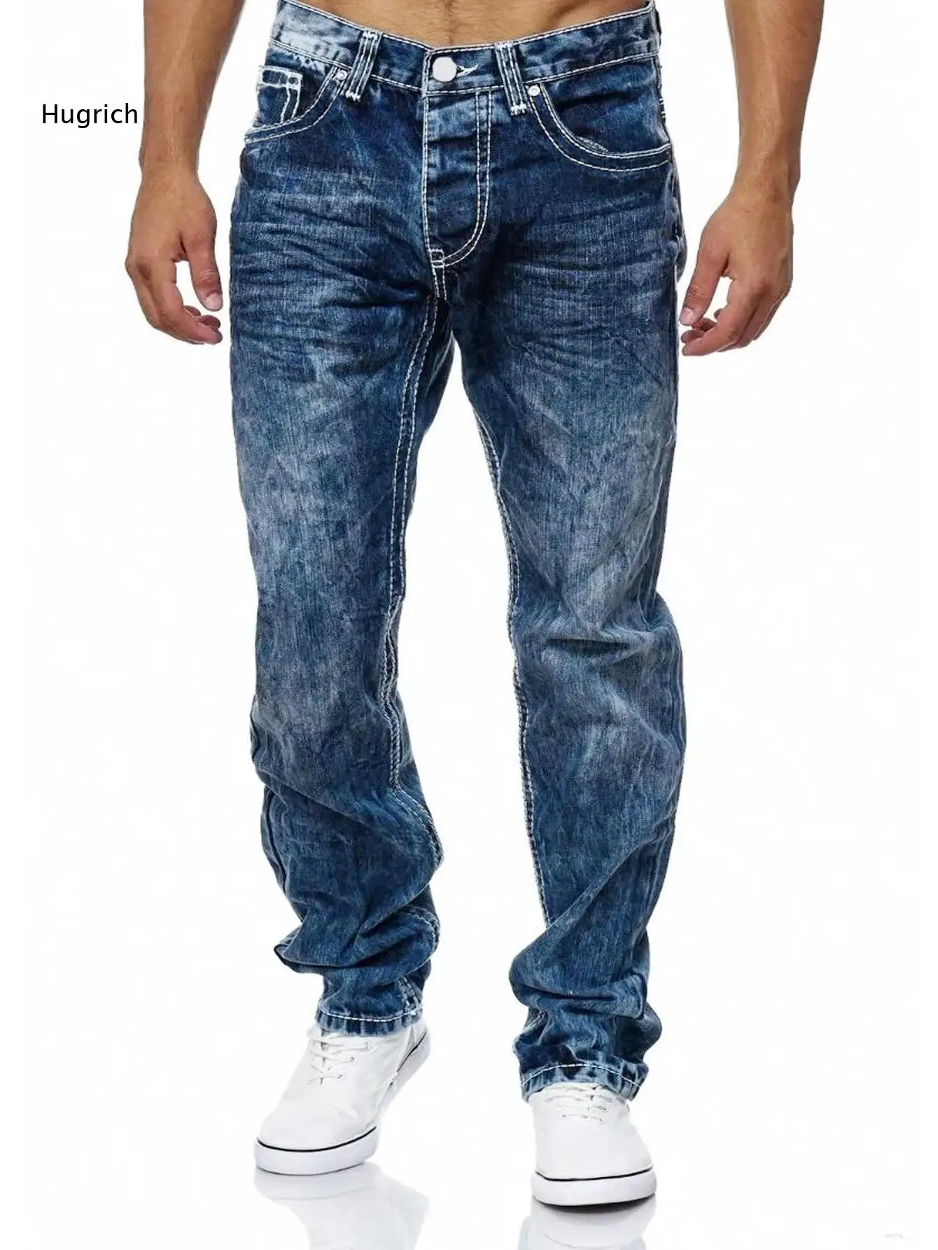 Vintage Faded Washed Denim Trousers For Men Eye Catching Contrast Stitching Straight Leg Jeans For Multiple Casual Daily Scenes