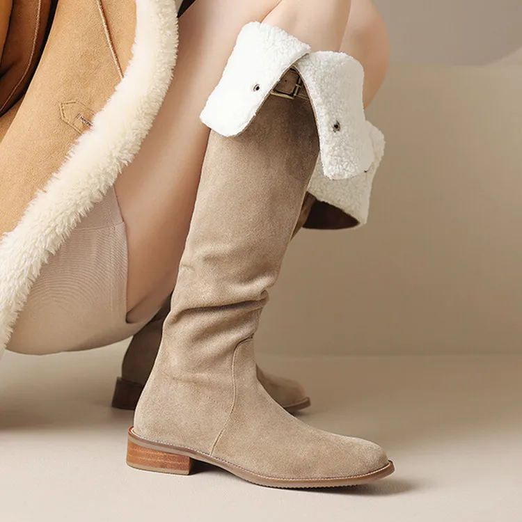 Camel Suede Women Winter Long Boots Side Zipper Warm Knee High Flats Botas Black Tenis Riding Botines Femininos Sapatos Mujer