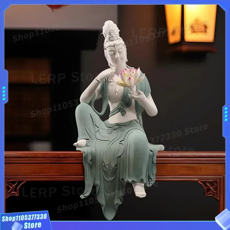 Dehua White Porcelain Guanyin Statue Zen Buddhist Decor Water Moon Bodhisattva Figure for Living Room Entrance Home Ornament