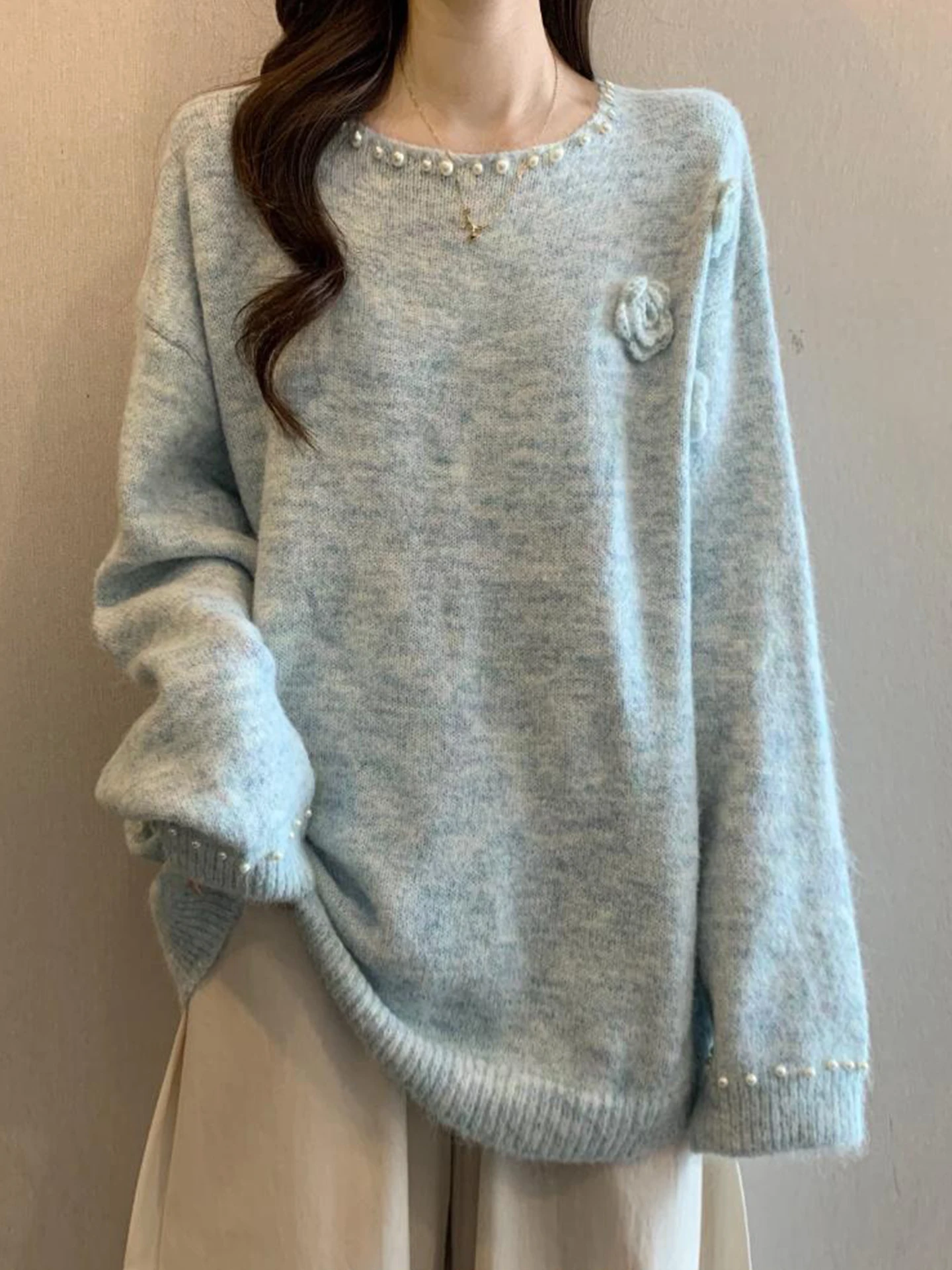 

Blue Knitted Sweater Women's Early Autumn Initial Winter Large Size Beautiful Single Wear 3D Flower Design Loose Fit round Ne