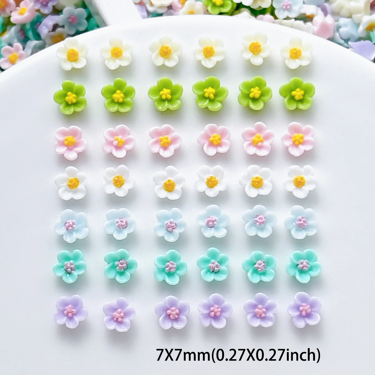 60PCS Macaron Colored Sweet Five-Petal Flowers Resin Nail Charms 3D Creative Simulated Fresh Flowers Nail Art Accessories DIY