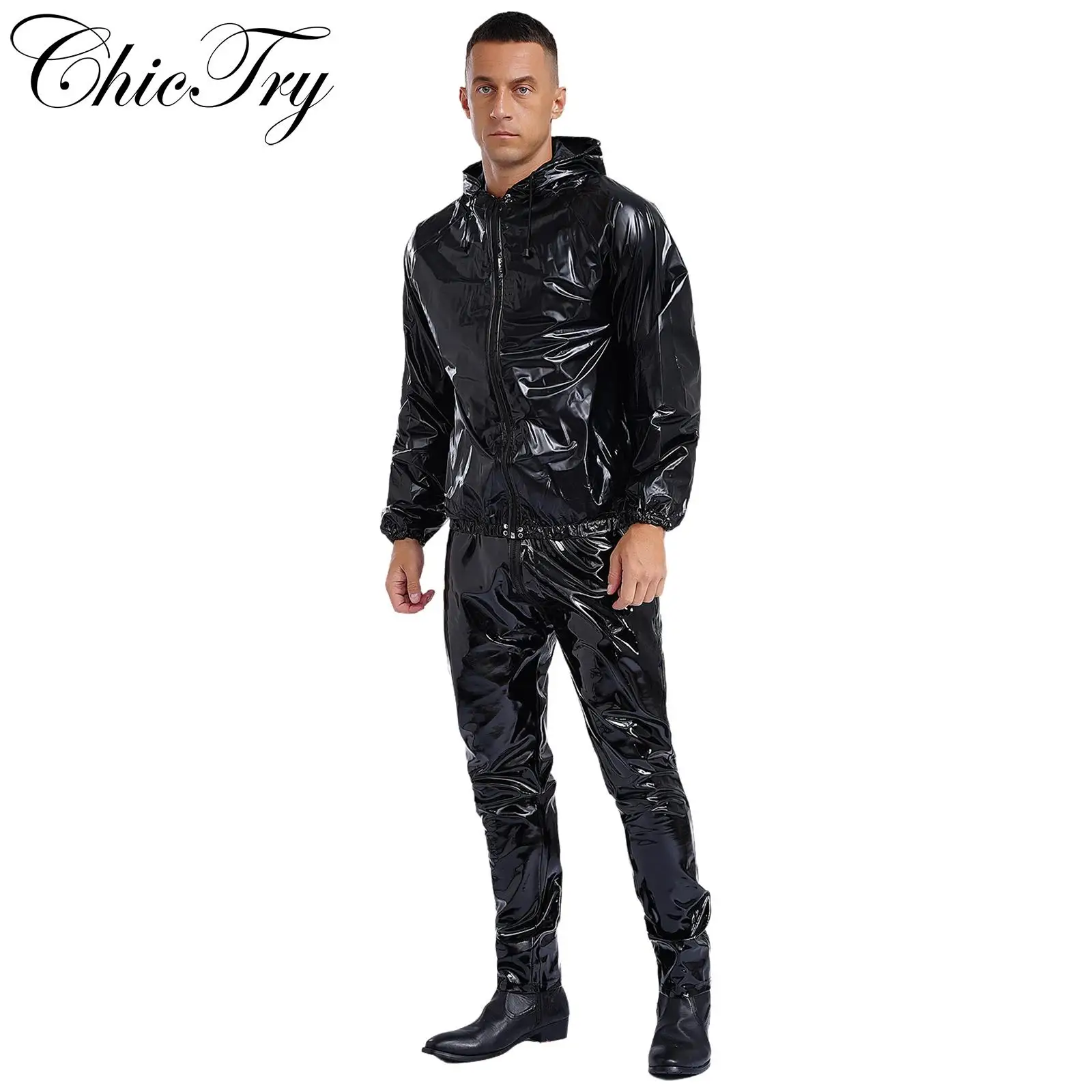 Unisex Womens Mens PVC Sauna Sweat Suit Sports Exercise Workout Fitness Outfit Zipper Drawstring Hooded Jacket Tops with Pants