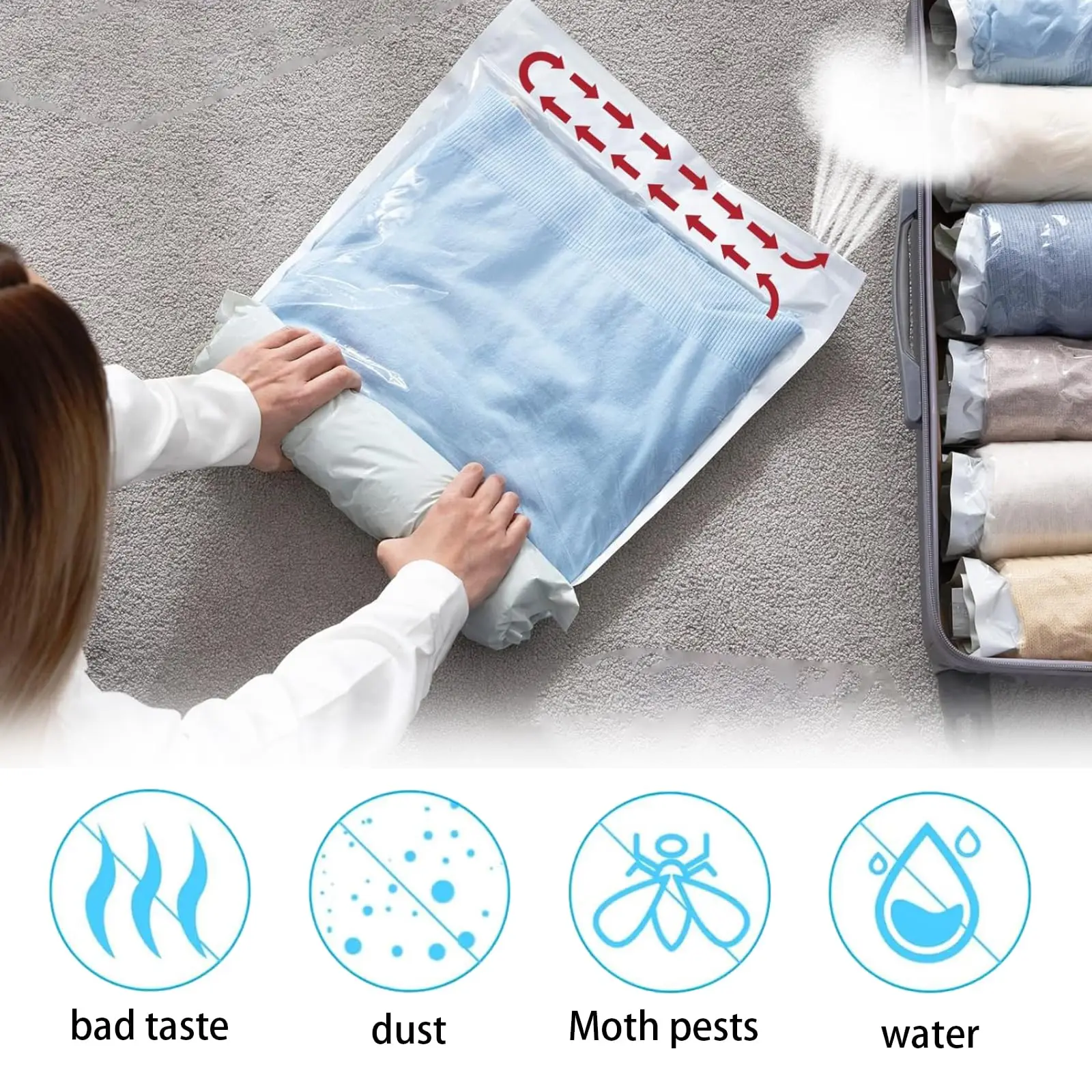 Multiple Sizes Vacuum Storage Bags Hand Roll Durable Space Saver Bags For Clothes Clothing Camping Travel Moving Must Organizer