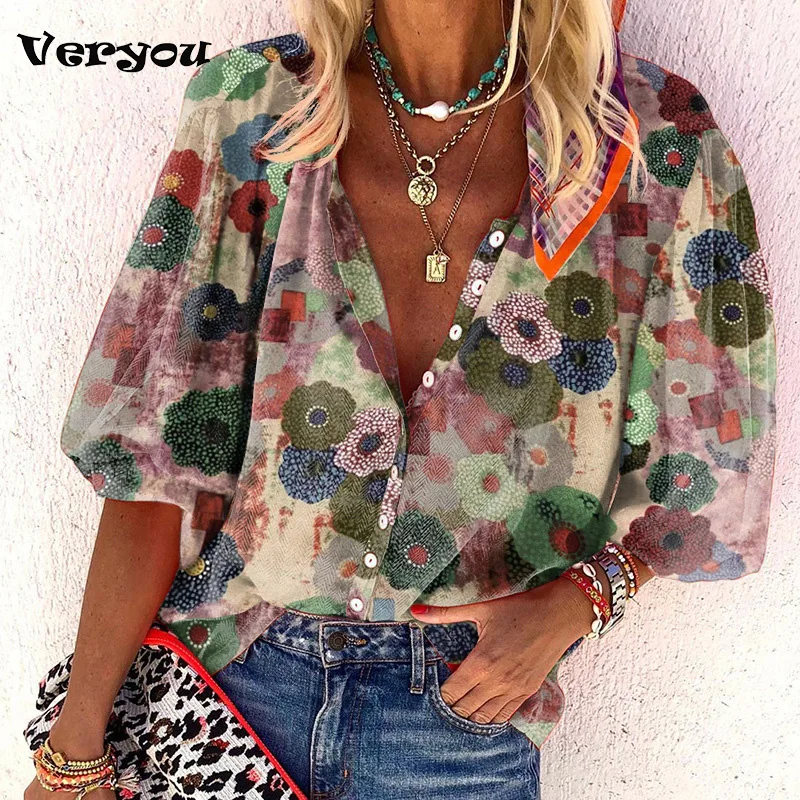 Camisa con estampado de flores para mujer, blusas informales con botones, blusas elegantes para primavera y verano, 2024