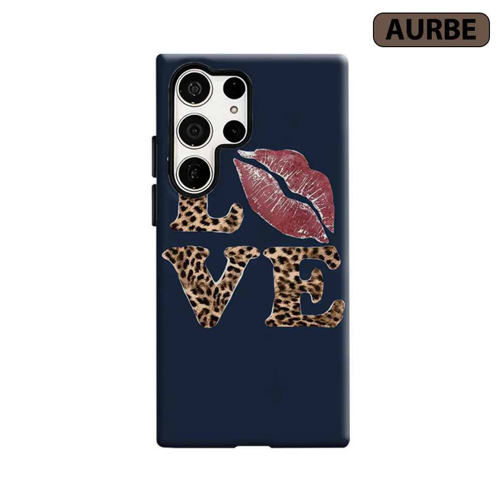 Aurbe Phone Case For Samsung Galaxy S26 S25 S24 S23 Ultra Plus HD Hard Leopard Print LOVE with Red Lips Double Layer Film Cover