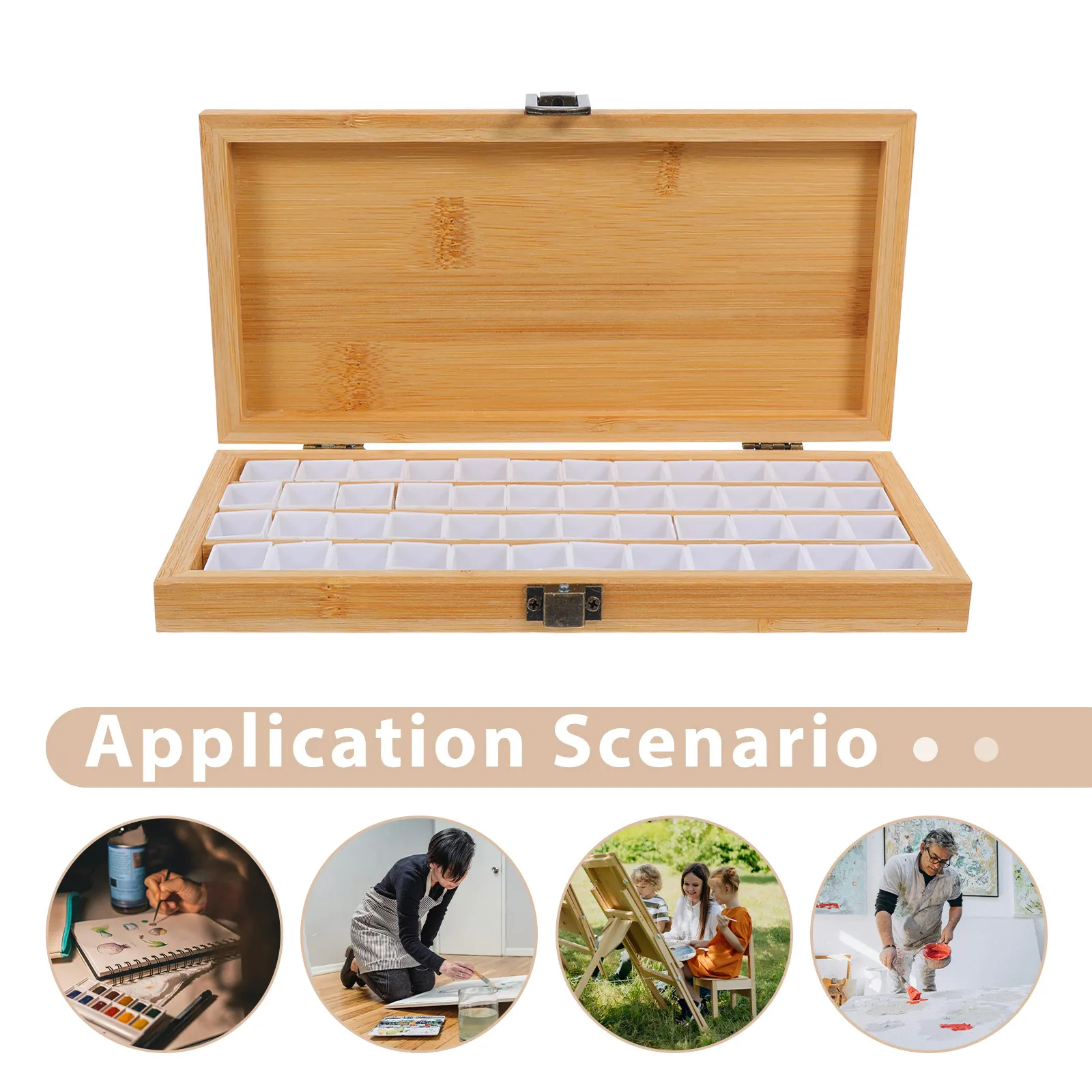 48 Grid Bamboo Watercolor Palette Case Portable Professional Travel Palette Wood Painting Small Grid Container Watercolor Mixing