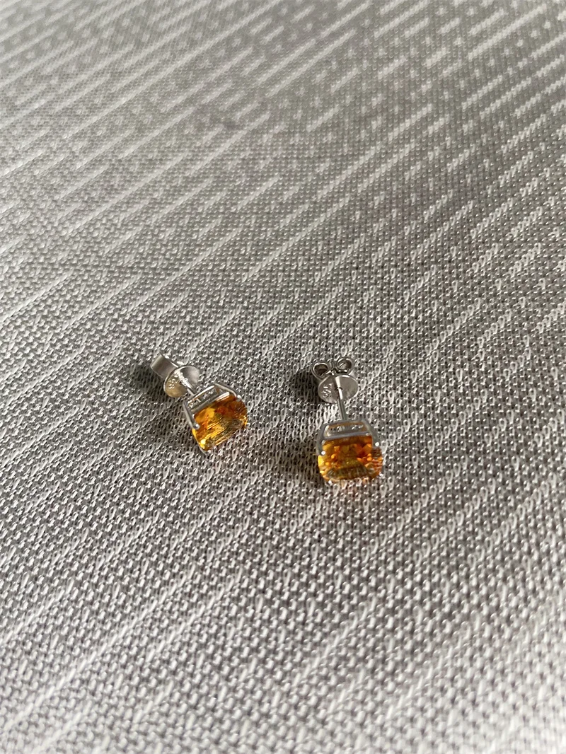 Real 925 Pure Silver Stud Earrings for Women Gift Female Girl Original Citrine Elegant Girl Lady Birthday Gift