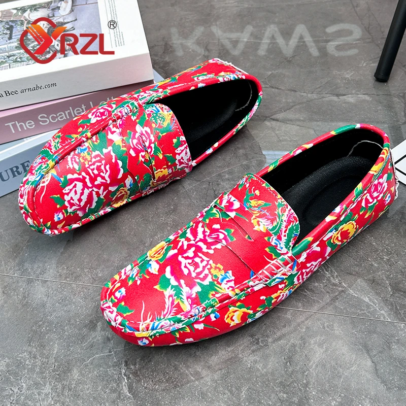 

YRZL Luxury Print Men Handmade PU Leather Loafers Casual Driving Flats Slip-on Men Size 38-48 Comfy Moccasins Shoes for Men