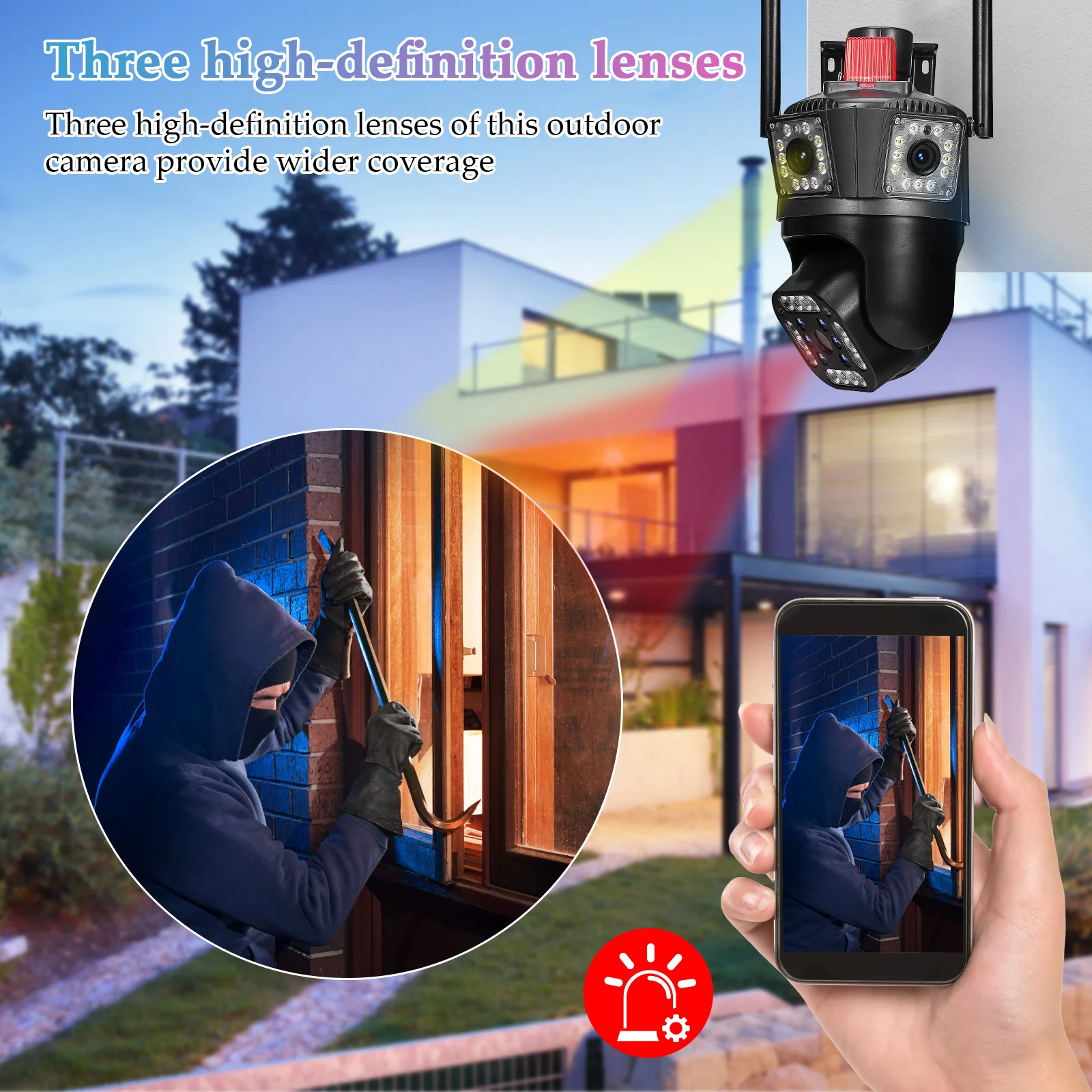 

Smart Security Three Lens Remote Monitoring Pet House Home Alarm Adjustable Angle Outdoor Indoor