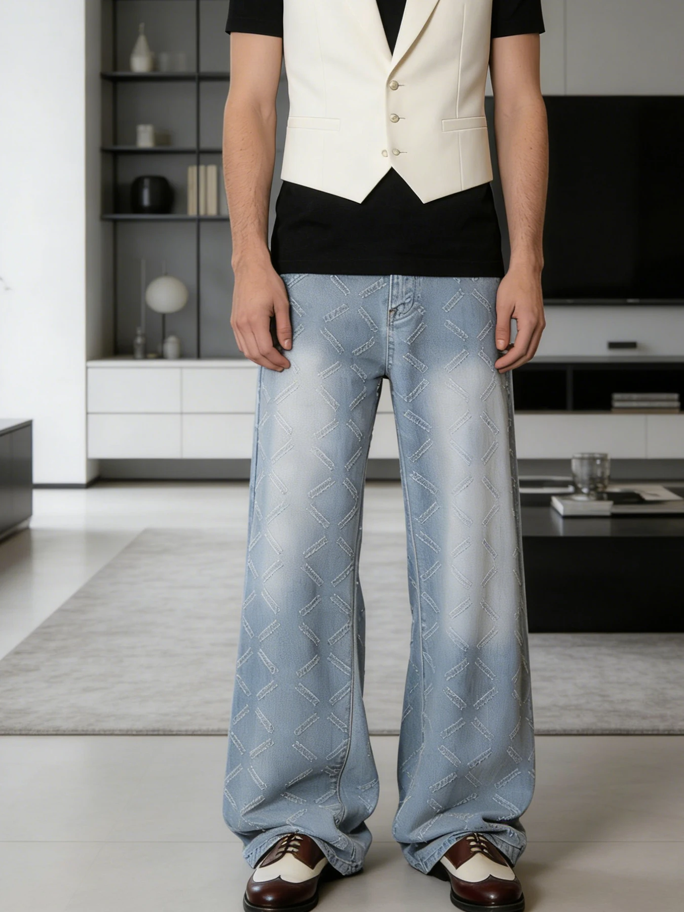 

Men's jacquard wide-leg jeans, light blue washed and distressed, loose straight-leg, American retro street style trendy long pan