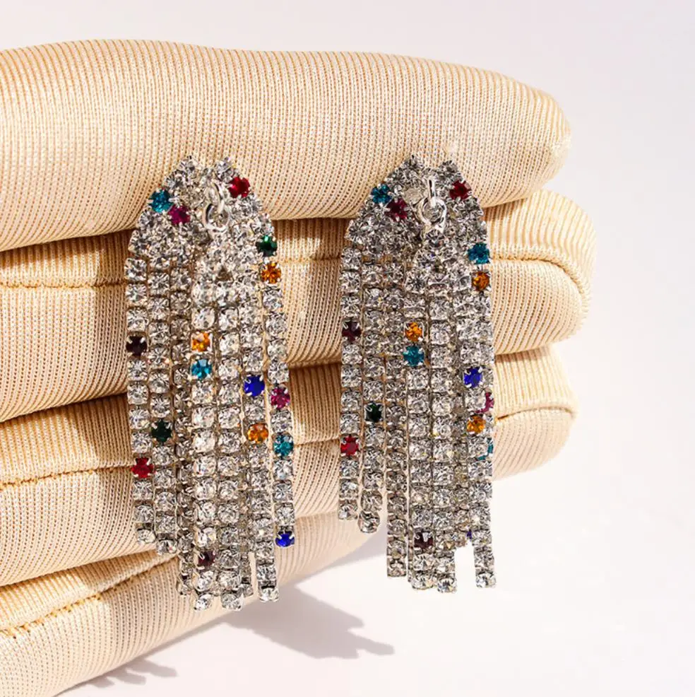Colored zircon chain layered smart tassel earrings banquet daily sparkling ear accessory for lady