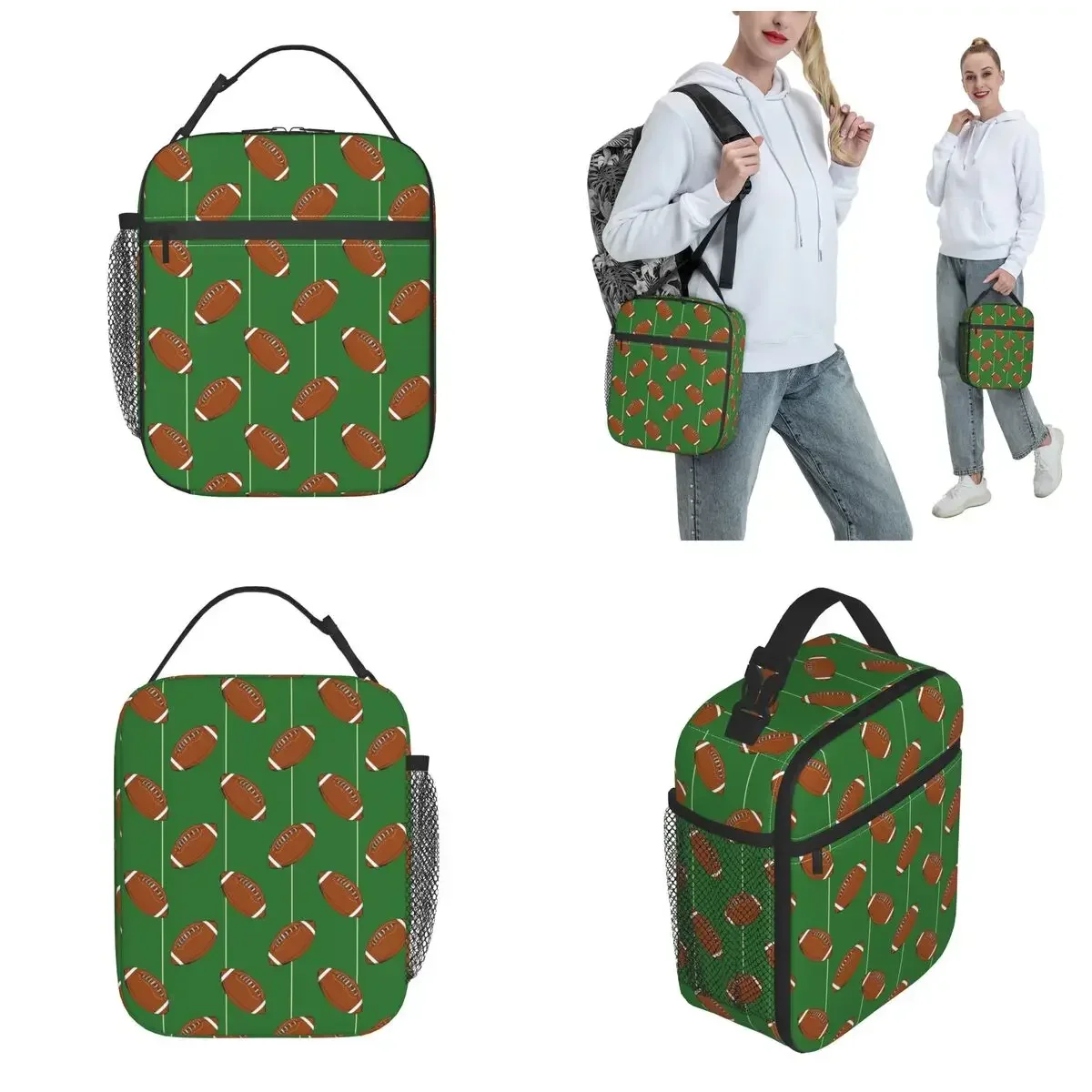 Gridiron Lover American Football Accessories Insulated Lunch Tote Bag Rugby Ball Design Themed Cooler Thermal Lunch Box