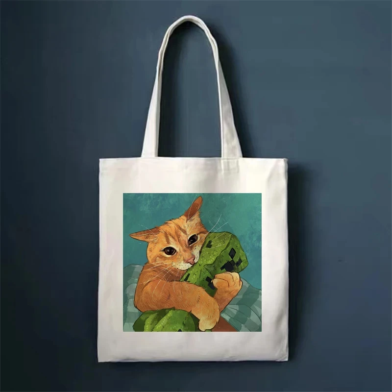 Funny Cat Ladies Shoulder Bag Fashion Large Capacity Eco-friendly Portable Shopping Bag Reusable Vintage Casual Canvas Tote