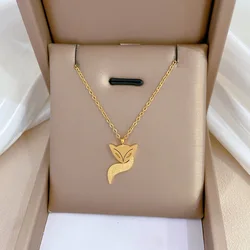 Cute Sweet Hollow Fox Cartoon Pendant Necklace for Women Classic Gold Color Stainless Steel Collarbone Chain Jewelry Accessories