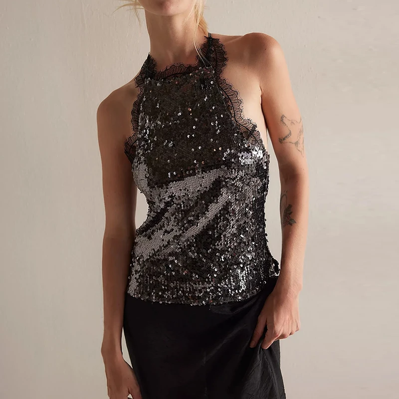 

Весенние элегантные блузки-халтеры для клубных вечеринок 2026: женские сексуальные топы без рукавов с открытой спиной, однотонные жилеты, летние модные блестящие топы с пайетками