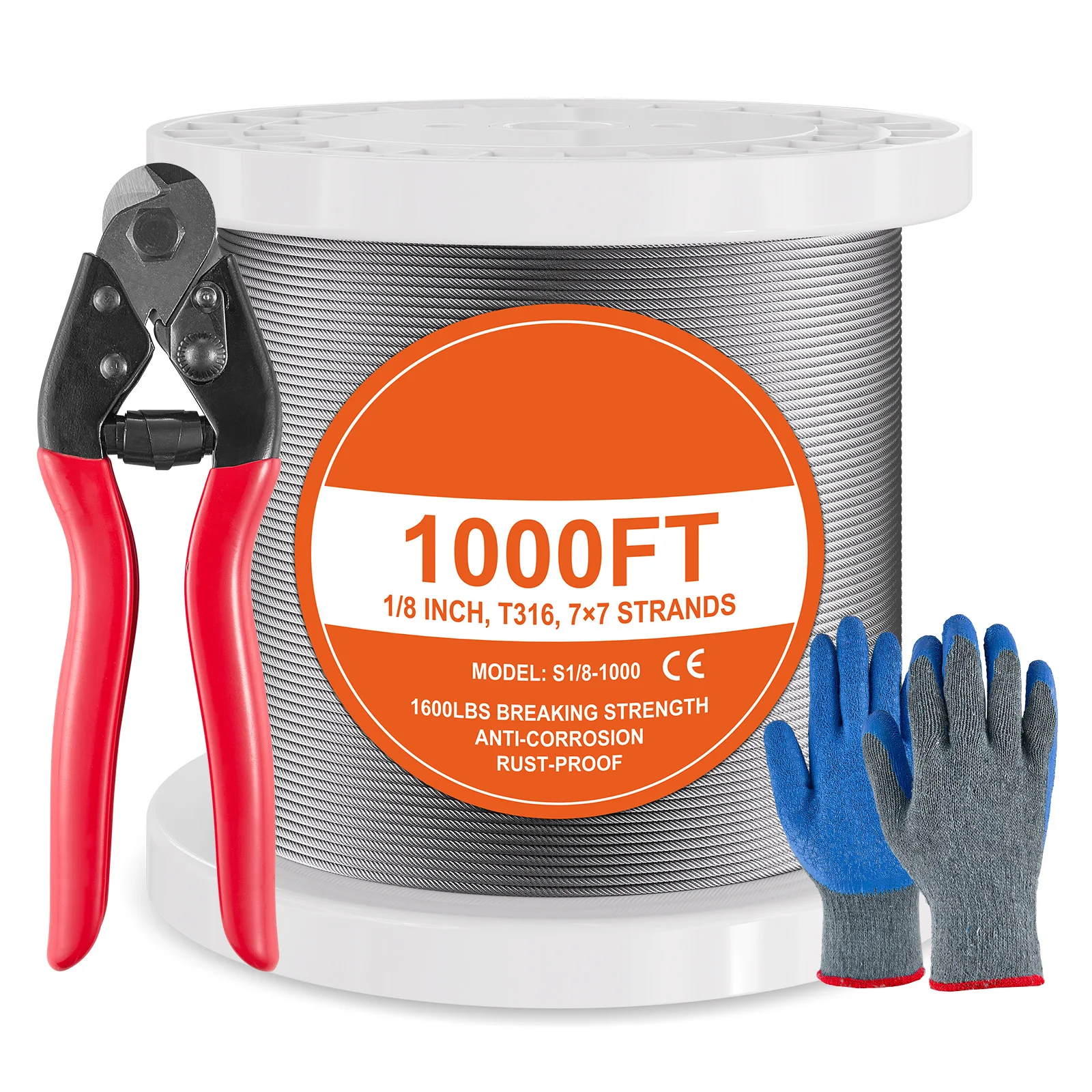 

SucceBuy 600/1000 футов 1/8 "7x7 нитей, комплект троса с резаком и перчатками, трос из нержавеющей стали 316, для поручней, настила, забора