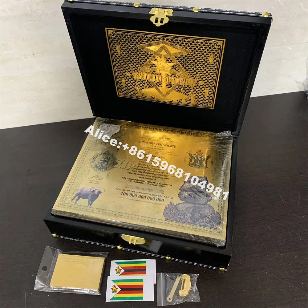 

200pcs Great Zimbabwe Gold Banknote Scroll Golden Cards One Hundred Trillion Dollar Bills Containers With UV light For Gift Box