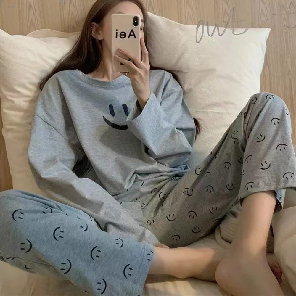 Winter Sleepwear Women\'s Pajamas Set Long Sleeve Pant Homewear Loose-fit Pajama Smile Facce Print Loungewear