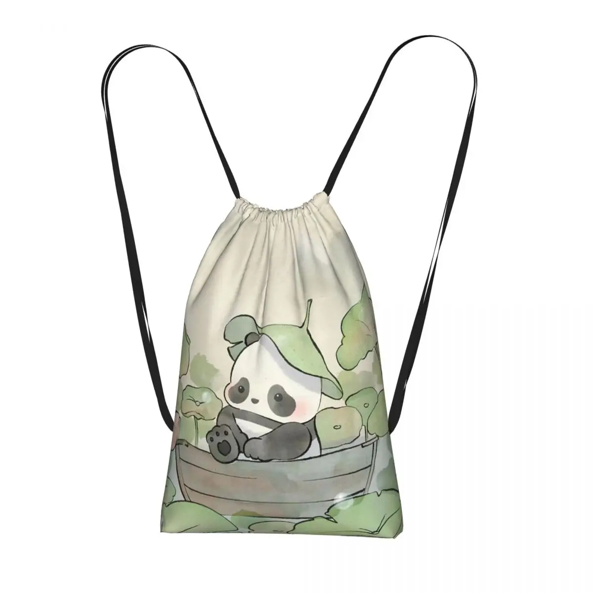 Lotus Flower Cute Panda Pattern Backpacks Portable Drawstring Bags Sports Bag Book Bags for Travel School