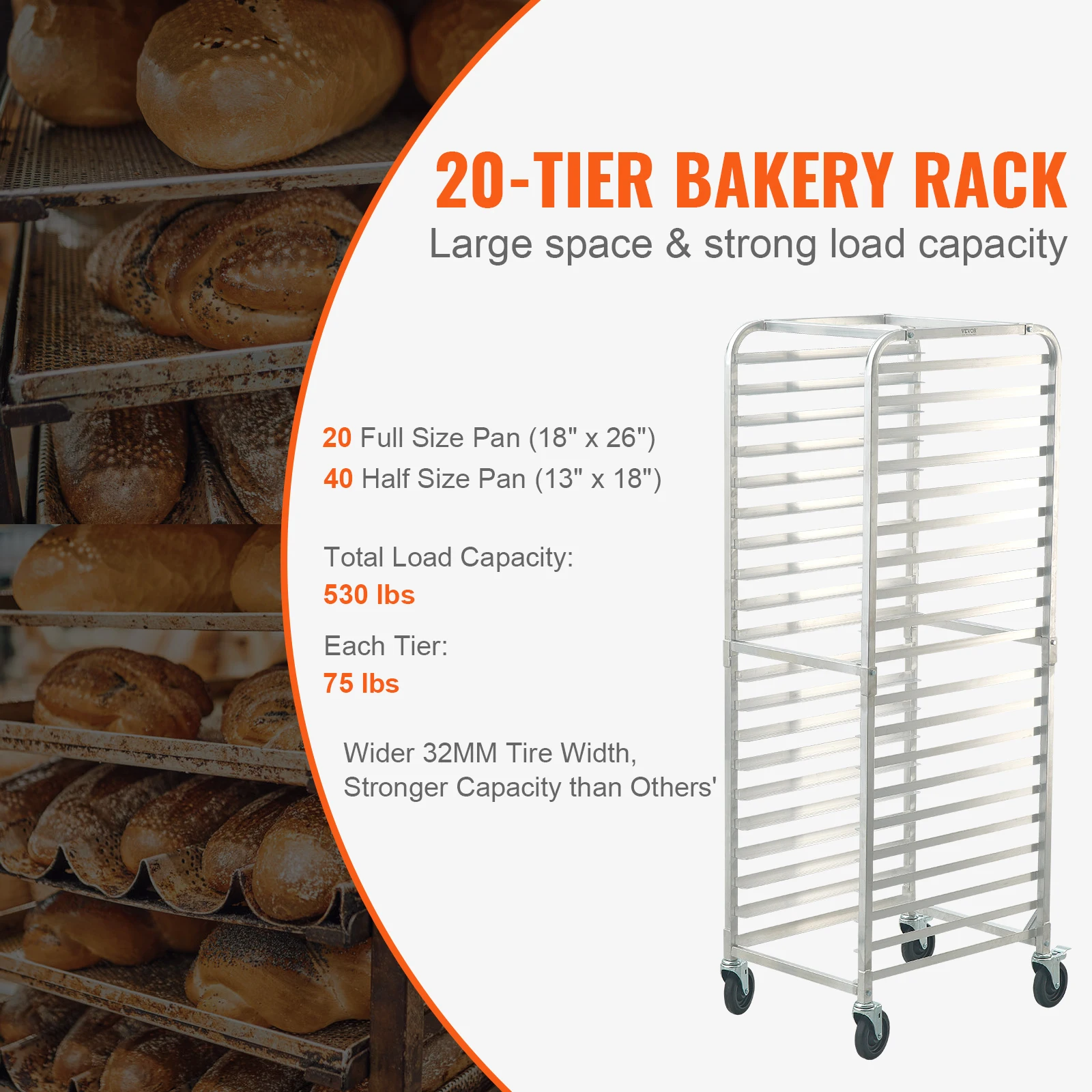 Vevor Broodje Pan Rack, 20-Tier Commerciële Bakkerij Rekken Met Remwielen, Aluminium Rekken Trolley Opslag Voor Half & Full Sheet