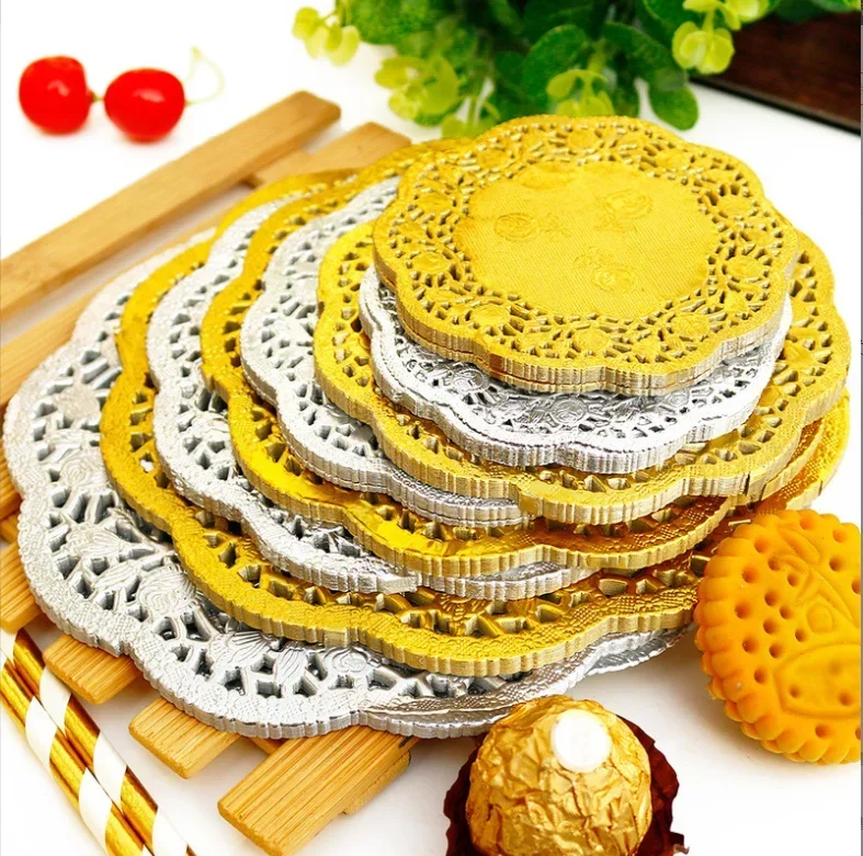 50PCS Gold Silver Lace Paper Pad Paper Cake Oil Absorbing Food BBQ Kitchen Baking Flower Paper