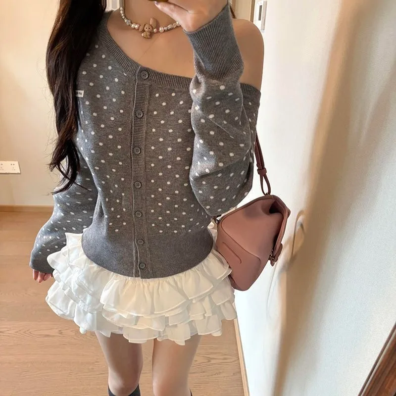 Spring and Autumn Korean Slanted Shoulder Knitted Polka Dot Cardigan Autumn New Slim-fit Sweater Short Long-sleeved Explosion