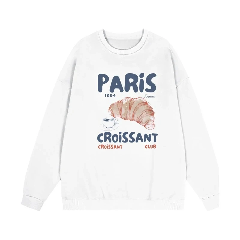 เสื้อสตรีลายกราฟิกวินเทจ ลายตัวอักษรปารีส ครัวซองต์ เสื้อสเวตเชิ้ตมีฮู้ด คอกลม แฟชั่น เสื้อผ้าผู้หญิง