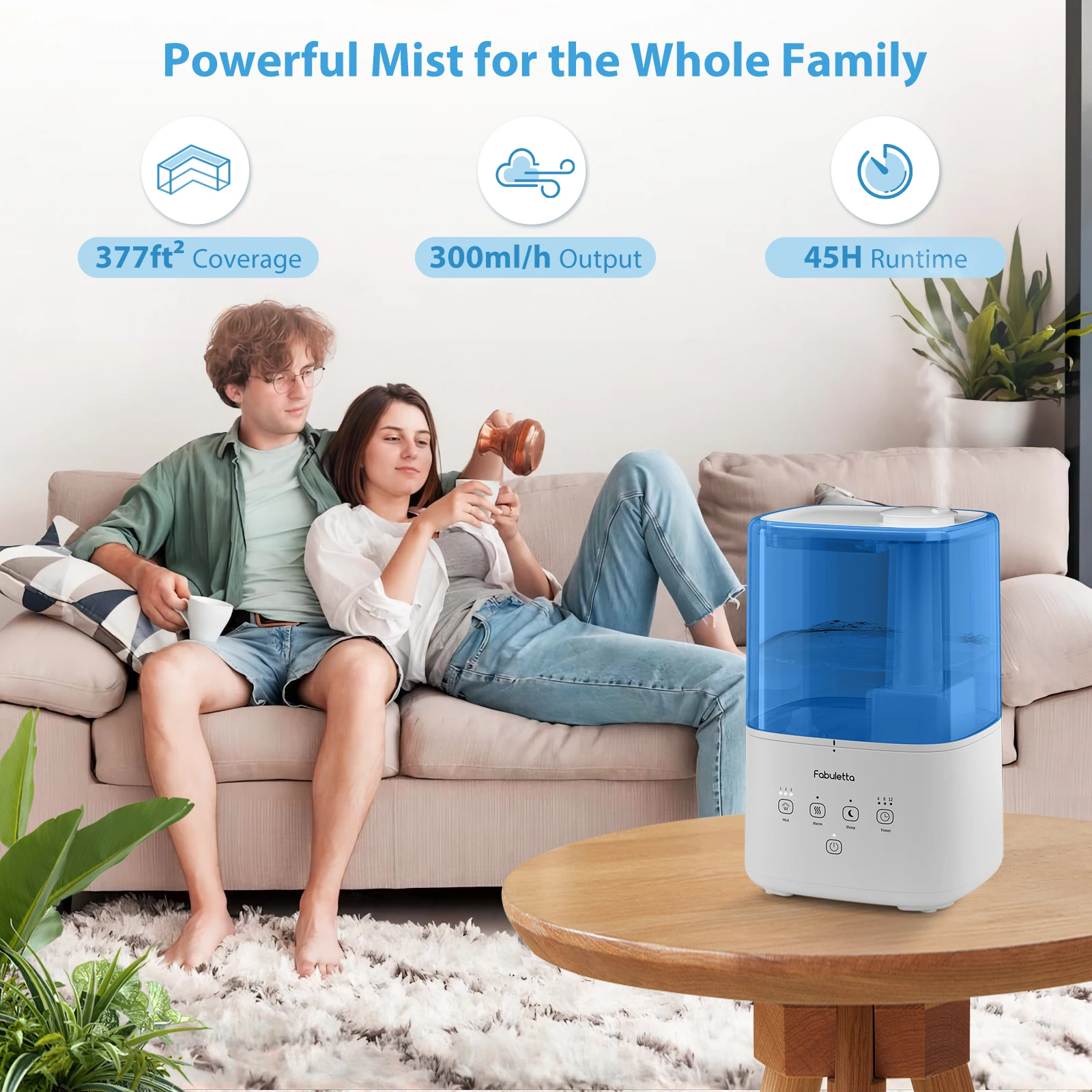 Humidificadores ultrasónicos de 4.5L para dormitorio, humidificador de niebla fría y cálida Fabuletta con 3 niveles de niebla ajustables y salida de boquilla de 360 °