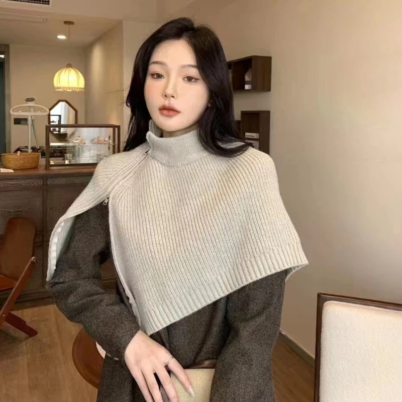 

Elegant Knitted Shawl Overlay Crocheted Turtleneck for Women Wedding Bride 066C