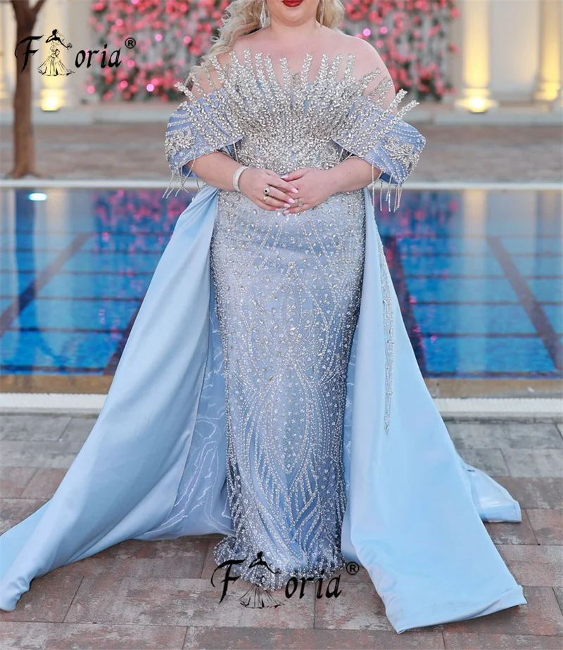 

New Luxury Dubai Arabic Blue Wedding Dress Mermaid Pearls Crystal Beaded 3D Lace Evening Party Dresses robe de soiree Customized