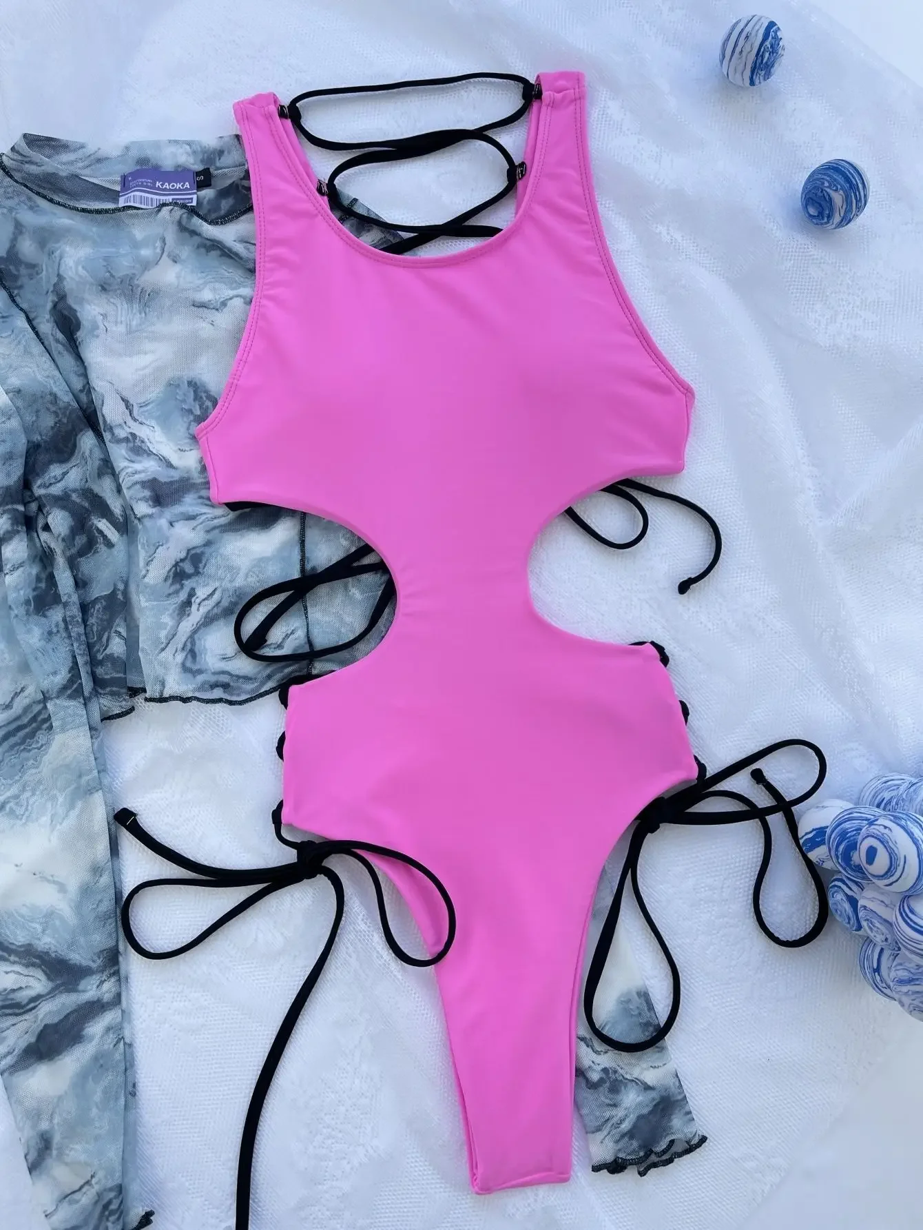 Traje de baño sexy liso sin espalda, traje de baño de una pieza con lazo y cordón, bikinis, trajes de baño, bikini para mujer, trajes de baño tankini