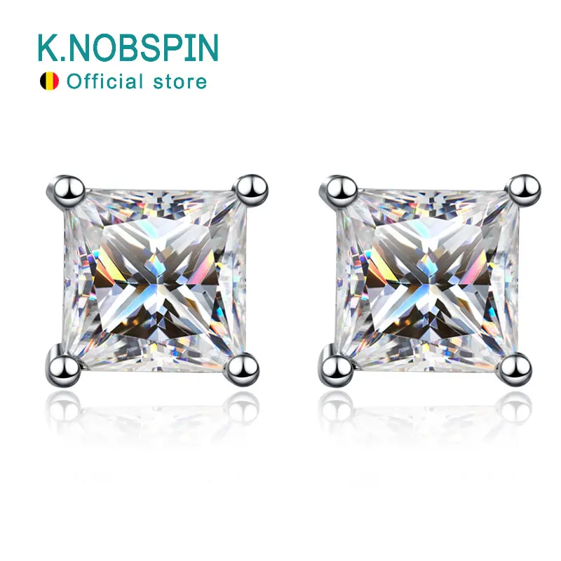 KNOBSPIN D Color Princess Cut Moissanite Earring s925 Sterling Sliver Plated with 18k White Gold Earrings for Women Fine Jewelry